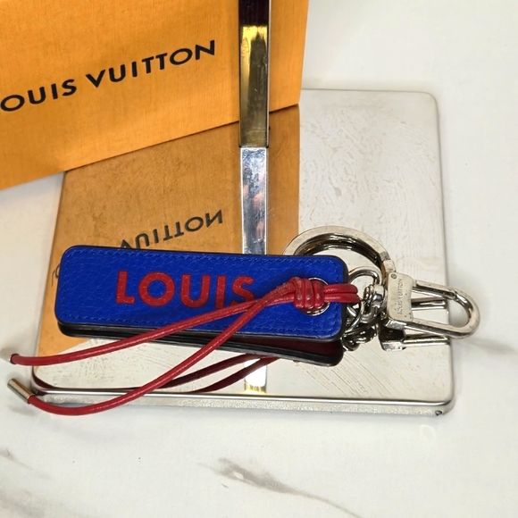 Louis Vuitton Taurillon Logo Tab Bag Charm Key Chain Leather Red Blue with Box - Picture 4 of 10